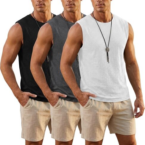 Neer 3 Pack Men's Waffle Knit Tank Tops Crew Neck Sleeveless Shirts Summer Casual Athletic Muscle Gym Slim Fit Solid Tees in Kuwait