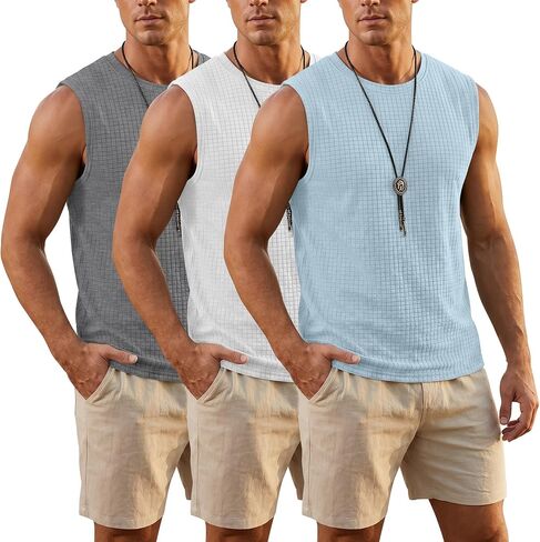Neer 3 Pack Men's Waffle Knit Tank Tops Crew Neck Sleeveless Shirts Summer Casual Athletic Muscle Gym Slim Fit Solid Tees in Kuwait