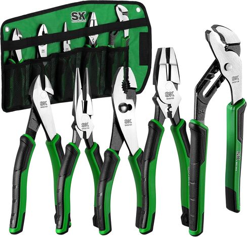 SK 5-Piece Pliers Set, 8" Needle Nose Pliers, 9.5" Linesman Pliers, 8" Slip Joint Pliers, 8" Diagonal Pliers, and 10" Groove Joint Pliers, CR-V Construction, Anti-slip Handle, with Rolling Pouch in Saudi Arabia