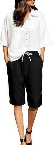 Linen Shorts for Women Knee Length Lightweight Elastic Waist Drawstring Bermuda Shorts Casual Capri Pants with Pocket in Kuwait