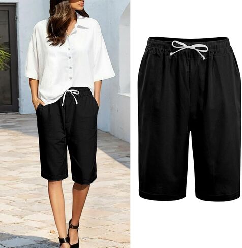 Linen Shorts for Women Knee Length Lightweight Elastic Waist Drawstring Bermuda Shorts Casual Capri Pants with Pocket in Kuwait