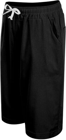 Linen Shorts for Women Knee Length Lightweight Elastic Waist Drawstring Bermuda Shorts Casual Capri Pants with Pocket in Kuwait