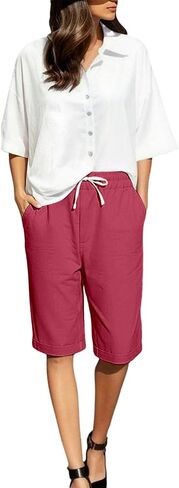Linen Shorts for Women Knee Length Lightweight Elastic Waist Drawstring Bermuda Shorts Casual Capri Pants with Pocket in Kuwait