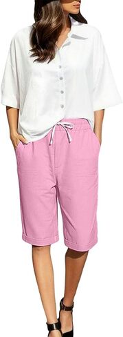 Linen Shorts for Women Knee Length Lightweight Elastic Waist Drawstring Bermuda Shorts Casual Capri Pants with Pocket in Kuwait