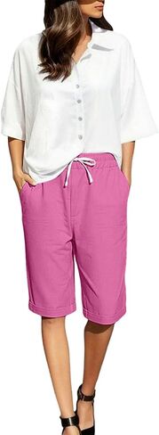 Linen Shorts for Women Knee Length Lightweight Elastic Waist Drawstring Bermuda Shorts Casual Capri Pants with Pocket in Kuwait