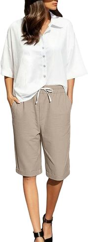 Linen Shorts for Women Knee Length Lightweight Elastic Waist Drawstring Bermuda Shorts Casual Capri Pants with Pocket in Kuwait