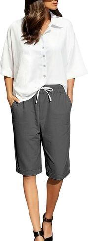 Linen Shorts for Women Knee Length Lightweight Elastic Waist Drawstring Bermuda Shorts Casual Capri Pants with Pocket in Kuwait