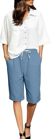 Linen Shorts for Women Knee Length Lightweight Elastic Waist Drawstring Bermuda Shorts Casual Capri Pants with Pocket in Kuwait