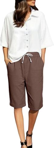 Linen Shorts for Women Knee Length Lightweight Elastic Waist Drawstring Bermuda Shorts Casual Capri Pants with Pocket in Kuwait