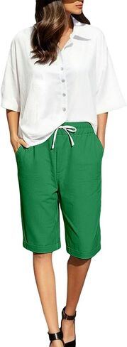 Linen Shorts for Women Knee Length Lightweight Elastic Waist Drawstring Bermuda Shorts Casual Capri Pants with Pocket in Kuwait