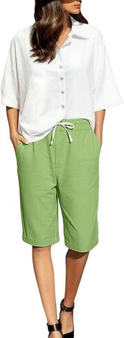 Linen Shorts for Women Knee Length Lightweight Elastic Waist Drawstring Bermuda Shorts Casual Capri Pants with Pocket in Kuwait