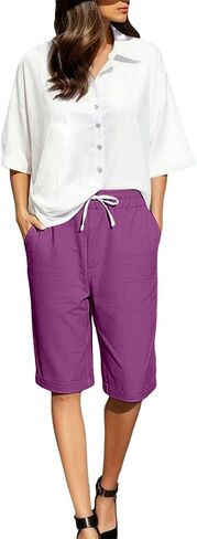 Linen Shorts for Women Knee Length Lightweight Elastic Waist Drawstring Bermuda Shorts Casual Capri Pants with Pocket in Kuwait