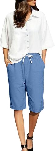 Linen Shorts for Women Knee Length Lightweight Elastic Waist Drawstring Bermuda Shorts Casual Capri Pants with Pocket in Kuwait