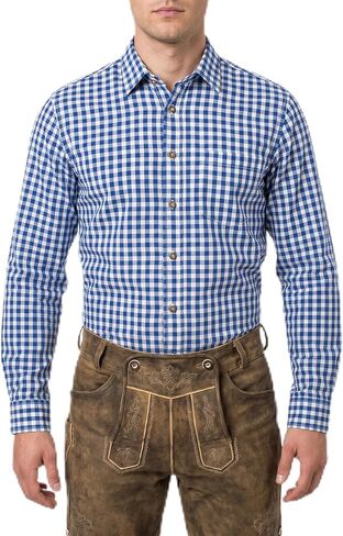 Men’s Bavarian Trachten Shirt – Traditional Blue and White Checkered Button Dress Shirts for Oktoberfest and Lederhosen in Saudi Arabia