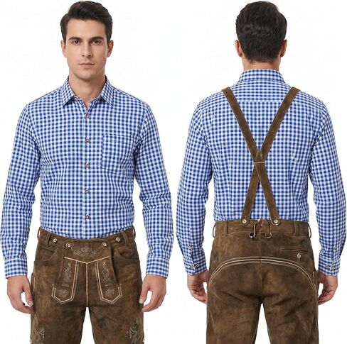 Men’s Bavarian Trachten Shirt – Traditional Blue and White Checkered Button Dress Shirts for Oktoberfest and Lederhosen in Saudi Arabia