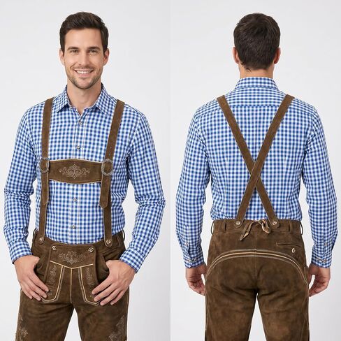 Men’s Bavarian Trachten Shirt – Traditional Blue and White Checkered Button Dress Shirts for Oktoberfest and Lederhosen in Saudi Arabia