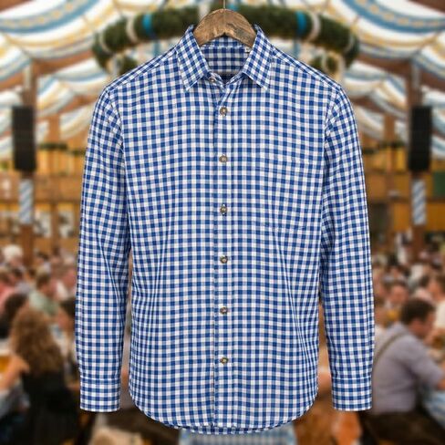 Men’s Bavarian Trachten Shirt – Traditional Blue and White Checkered Button Dress Shirts for Oktoberfest and Lederhosen in Saudi Arabia