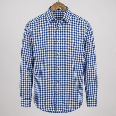 Men’s Bavarian Trachten Shirt – Traditional Blue and White Checkered Button Dress Shirts for Oktoberfest and Lederhosen in Saudi Arabia