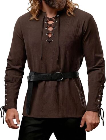 JEMITOP Men's Pirate Renaissance Cotton Arm Banded Shirt Long Sleeve Lace Up Costume for Medieval Viking Without Belt in Kuwait