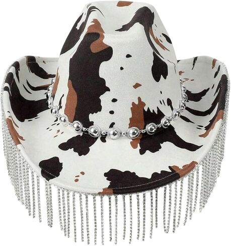 OYOANGLE Women's Y2K Cow Print Wide Brim Fringe Hat Beaded Western Cowgirl Hats Country Concert Outfits in Kuwait