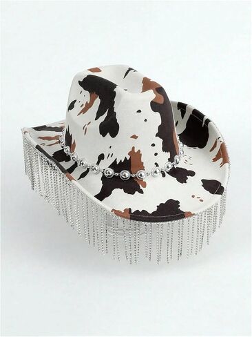 OYOANGLE Women's Y2K Cow Print Wide Brim Fringe Hat Beaded Western Cowgirl Hats Country Concert Outfits in Kuwait