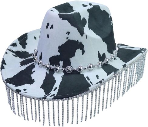 OYOANGLE Women's Y2K Cow Print Wide Brim Fringe Hat Beaded Western Cowgirl Hats Country Concert Outfits in Kuwait