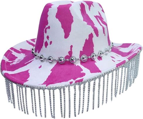 OYOANGLE Women's Y2K Cow Print Wide Brim Fringe Hat Beaded Western Cowgirl Hats Country Concert Outfits in Kuwait