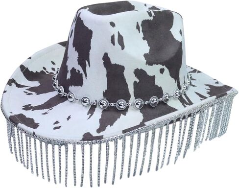 OYOANGLE Women's Y2K Cow Print Wide Brim Fringe Hat Beaded Western Cowgirl Hats Country Concert Outfits in Kuwait