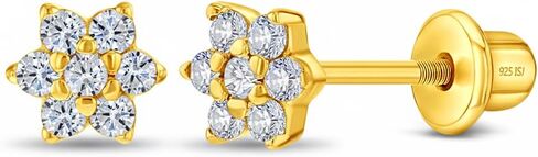 In Season Jewelry Flower CZ Kids Earrings - Yellow Gold Plated Sterling Silver Hypoallergenic Earrings for Girls with Secure Screw Backs in Kuwait