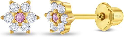 In Season Jewelry Flower CZ Kids Earrings - Yellow Gold Plated Sterling Silver Hypoallergenic Earrings for Girls with Secure Screw Backs in Kuwait