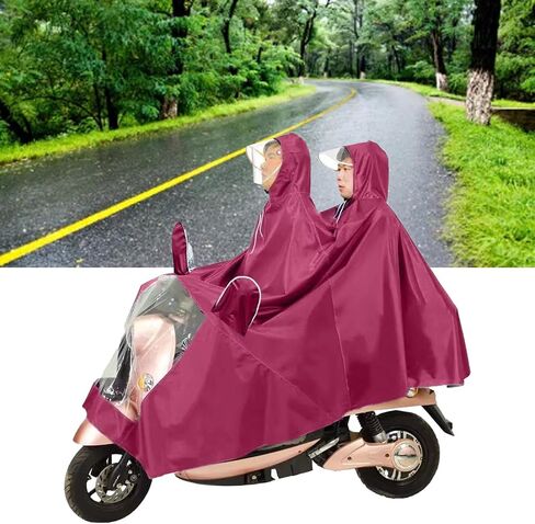 Motorcycle Poncho Oxford Cloth Raincoat for Cycling Riding Rain Shielding for Driver and Passenger with Hat for Outdoor (Purplish Red) in Kuwait