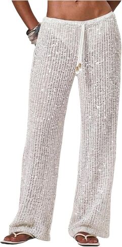 WDIRARA Women's Sequin Crochet Cover Up Pants Hollow Out Beach Pants Swimwear in Kuwait