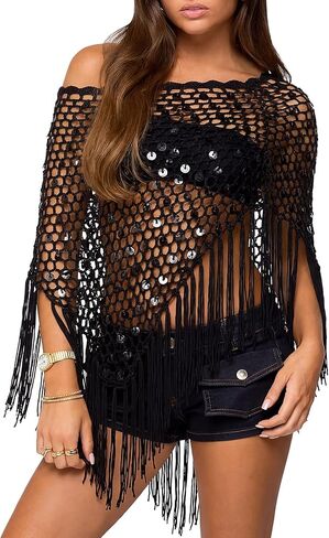 Women Sheer Poncho Top See Through Sequin Fishnet Shawl Knit Shrug Shawl for Beach Party Festival Outfits(Black) in Kuwait