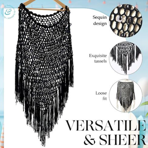 Women Sheer Poncho Top See Through Sequin Fishnet Shawl Knit Shrug Shawl for Beach Party Festival Outfits(Black) in Kuwait