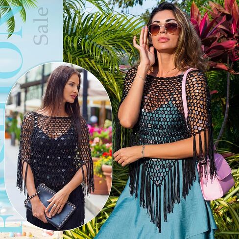 Women Sheer Poncho Top See Through Sequin Fishnet Shawl Knit Shrug Shawl for Beach Party Festival Outfits(Black) in Kuwait
