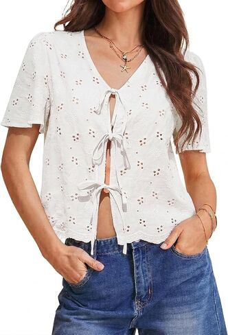 Totatuit Womens Cotton Tie Front Tops Boho V Neck Eyelet Shirt Embroidery Cute Summer Beach Vacation Outfit Flowy Cover Up in Kuwait
