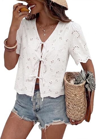 Totatuit Womens Cotton Tie Front Tops Boho V Neck Eyelet Shirt Embroidery Cute Summer Beach Vacation Outfit Flowy Cover Up in Kuwait