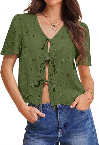 Totatuit Womens Cotton Tie Front Tops Boho V Neck Eyelet Shirt Embroidery Cute Summer Beach Vacation Outfit Flowy Cover Up in Kuwait