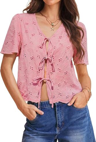 Totatuit Womens Cotton Tie Front Tops Boho V Neck Eyelet Shirt Embroidery Cute Summer Beach Vacation Outfit Flowy Cover Up in Kuwait