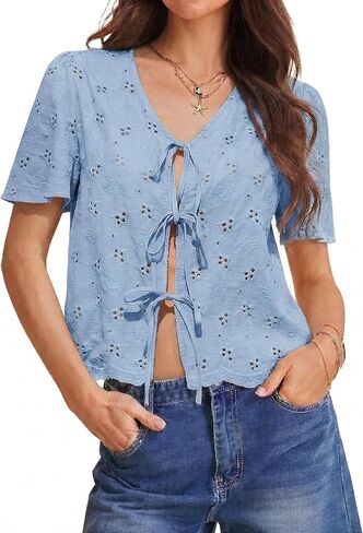 Totatuit Womens Cotton Tie Front Tops Boho V Neck Eyelet Shirt Embroidery Cute Summer Beach Vacation Outfit Flowy Cover Up in Kuwait