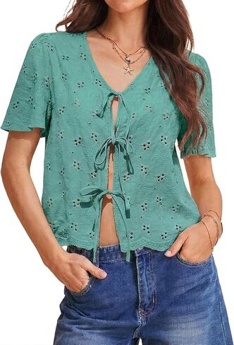 Totatuit Womens Cotton Tie Front Tops Boho V Neck Eyelet Shirt Embroidery Cute Summer Beach Vacation Outfit Flowy Cover Up in Kuwait