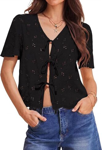 Totatuit Womens Cotton Tie Front Tops Boho V Neck Eyelet Shirt Embroidery Cute Summer Beach Vacation Outfit Flowy Cover Up in Kuwait