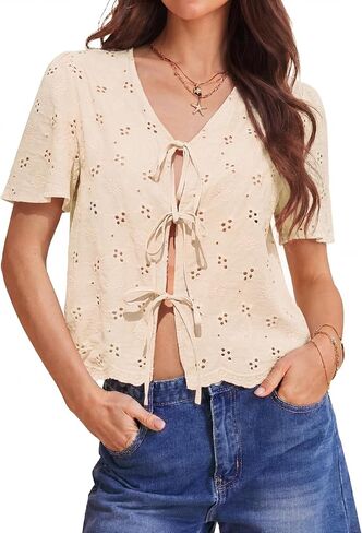 Totatuit Womens Cotton Tie Front Tops Boho V Neck Eyelet Shirt Embroidery Cute Summer Beach Vacation Outfit Flowy Cover Up in Kuwait