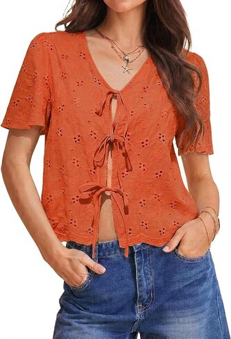 Totatuit Womens Cotton Tie Front Tops Boho V Neck Eyelet Shirt Embroidery Cute Summer Beach Vacation Outfit Flowy Cover Up in Kuwait