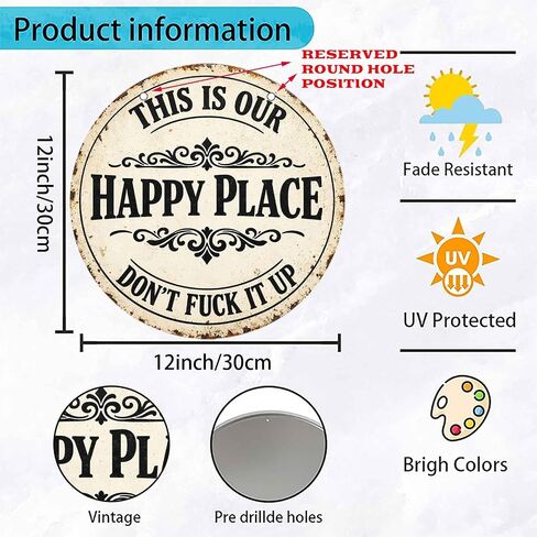 This Is Our Happy Place Don't Fuck It Up Round 12x12 Inch Aluminum Metal Sign - Vintage Rustic Wall Decor for Home, Family Room, Living Room, She Shed - Sarcastic Attitude Tin Sign in Saudi Arabia