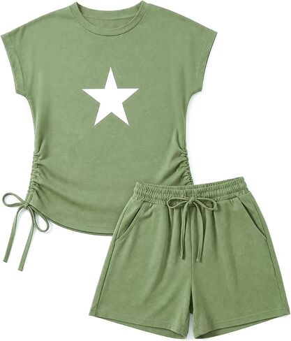 Girls Summer Clothes Short Sleeve Star Pattern Ruched Drawstring 2 Piece Short Sets 7-14T in Saudi Arabia