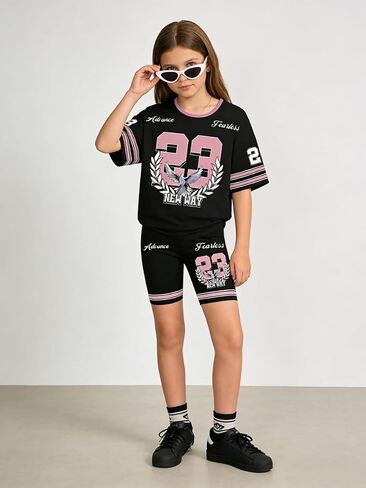 Azmxynol Tween Girl Clothes Summer 2 Piece Outfit Set Casual Loose Tee Shirt + Skinny Shorts Teen Girls Clothing Size 11 12 in Saudi Arabia