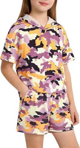 Girls 2 Piece Summer Outfit Short Sleeve Hooded Tops and Shorts with Pockets Sweatsuits Size 6-14 in Saudi Arabia