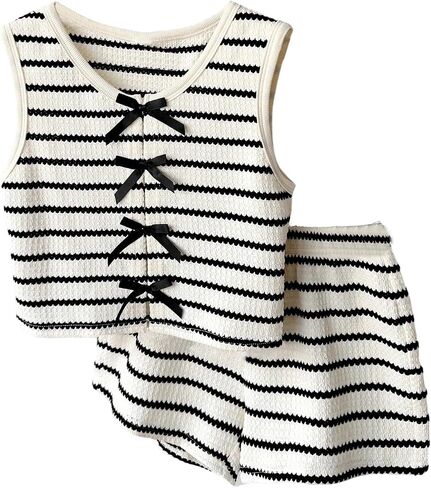 Floerns Girl's 2 Piece Outfit Striped Bow Tank Top with Elastic Waist Shorts Set in Kuwait