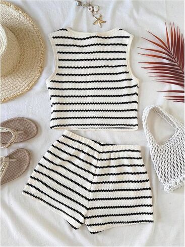 Floerns Girl's 2 Piece Outfit Striped Bow Tank Top with Elastic Waist Shorts Set in Kuwait